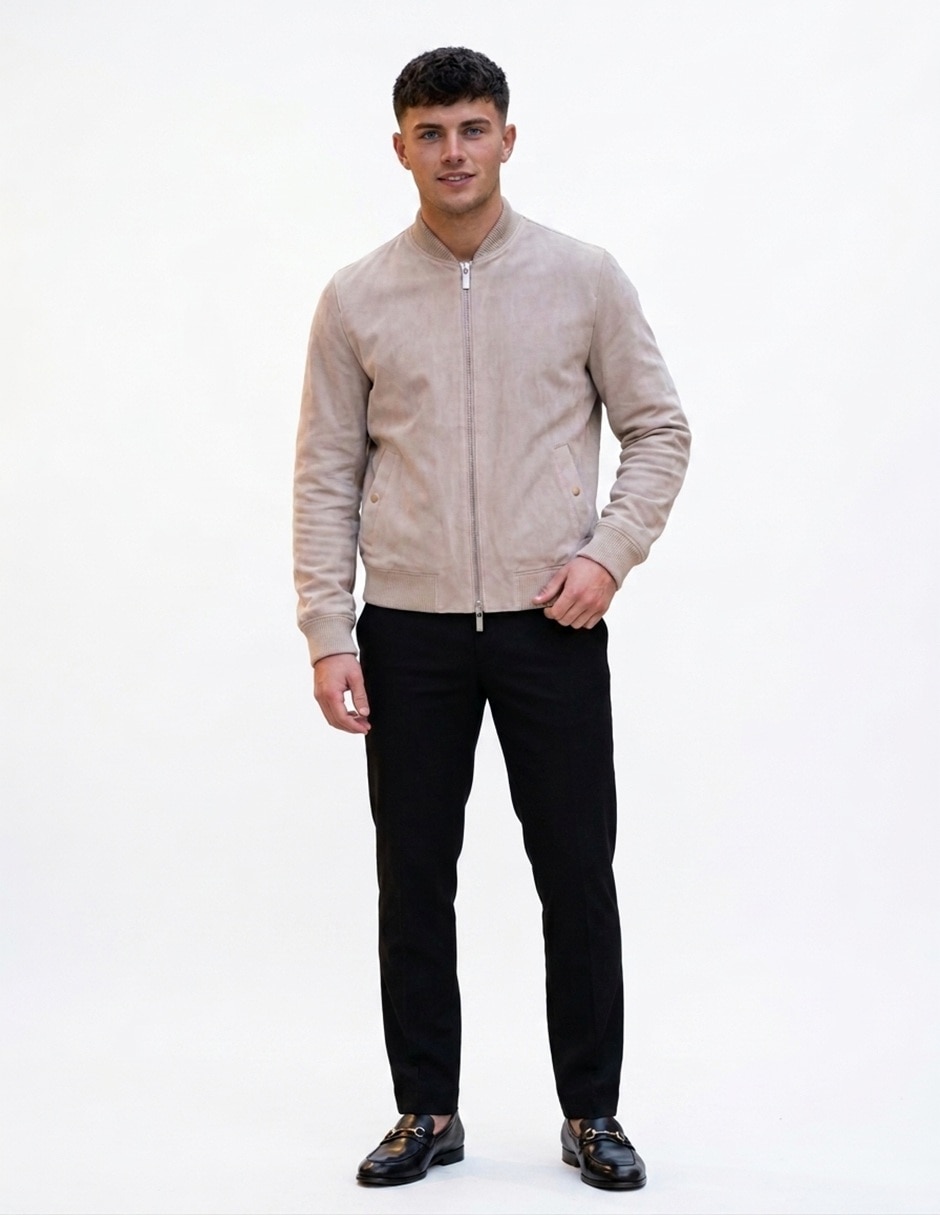 Chamarra bomber de piel con bolsillos para hombre Chamarra bomber de piel con bolsillos para hombre