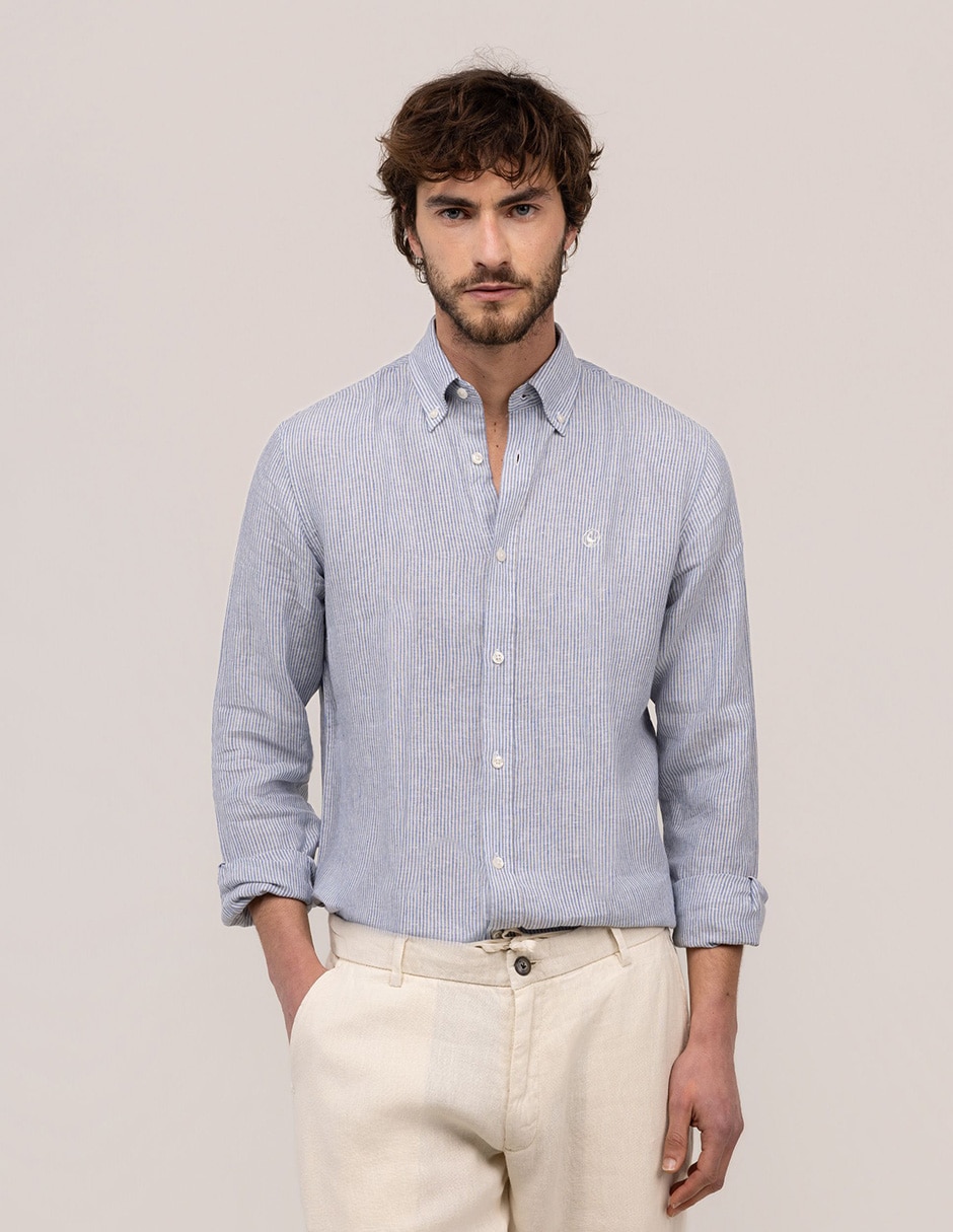 Camisa/sobrecamisa casual de lino manga larga para hombre 1