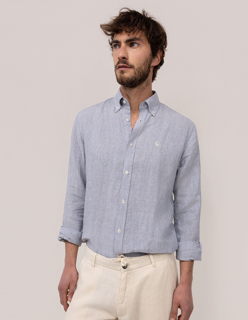 Camisa/sobrecamisa casual de lino manga larga para hombre 4