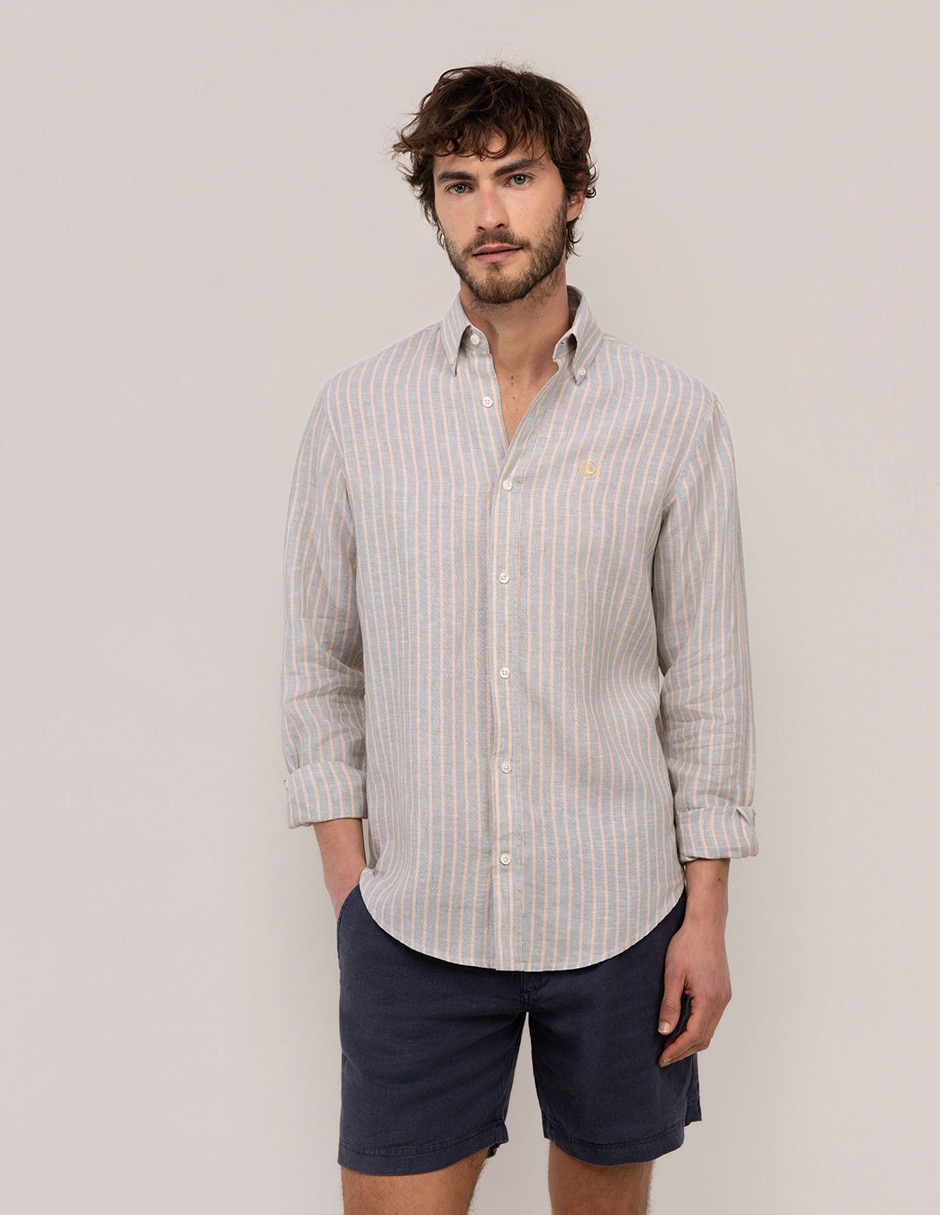 Camisa/sobrecamisa casual de lino manga larga para hombre 1