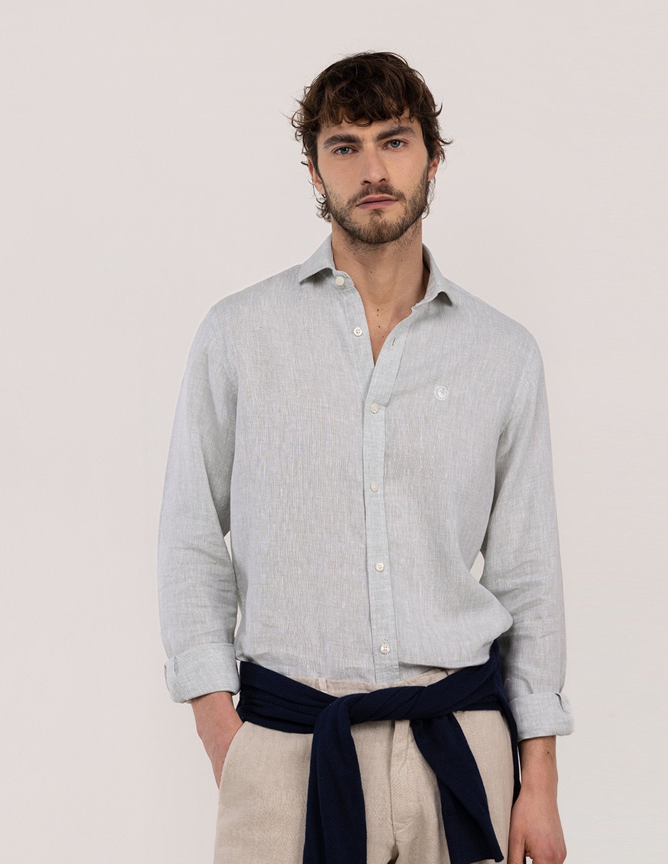 Camisa/sobrecamisa casual de lino manga larga para hombre 1