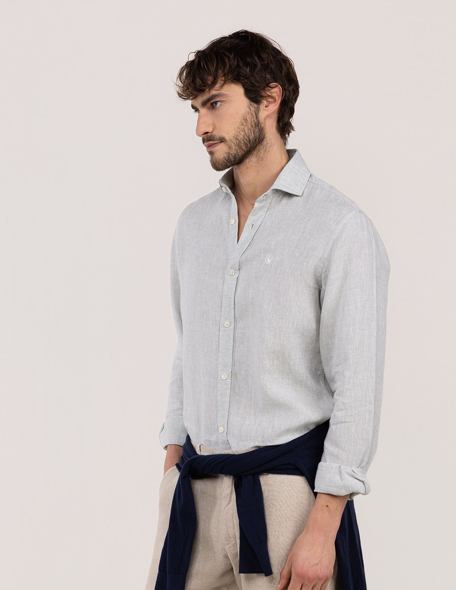 Camisa/sobrecamisa casual de lino manga larga para hombre 5