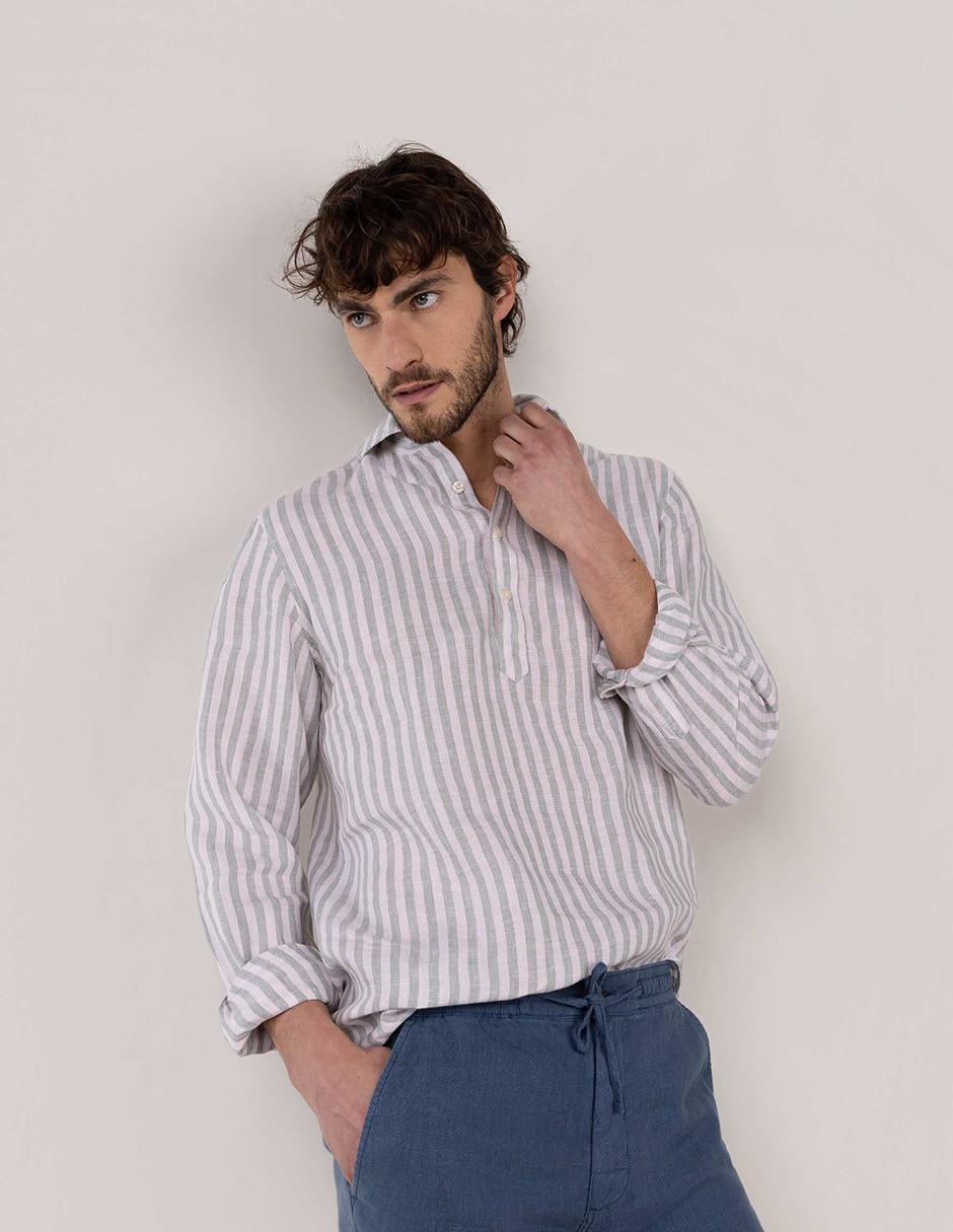 Camisa/sobrecamisa casual de lino manga larga para hombre 7